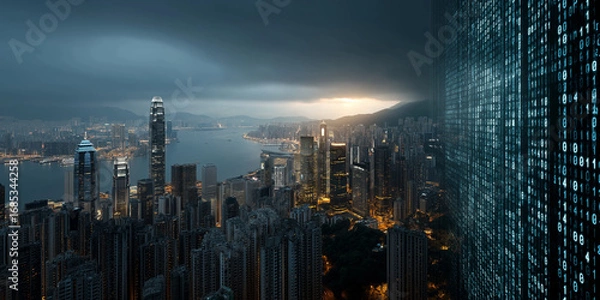 Fototapeta Cybersecurity action and infrastructure development in critical urban landscapes under threatening skies