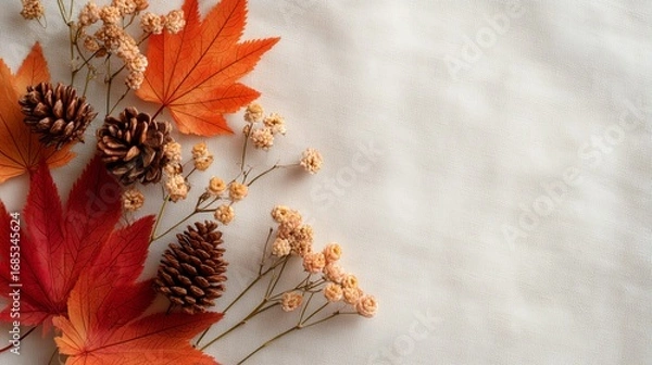 Fototapeta Autumn Flatlay with Maple Leaves, Pine Cones, and Dry Flowers on White Fabric