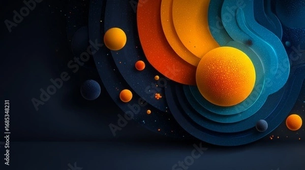 Fototapeta  Abstract layered circles, warm orange and cool blue, with floating spheres for a dynamic concept