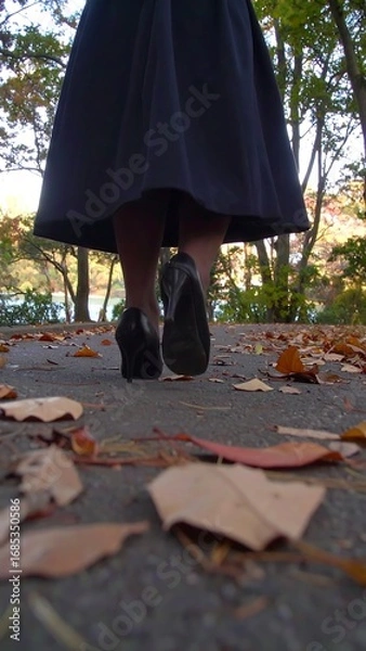 Obraz Woman walking on a paved path covered in autumn leaves
