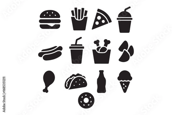 Fototapeta Fast food line icons set – outline, linear, snacks and quick meal symbols on white background    
