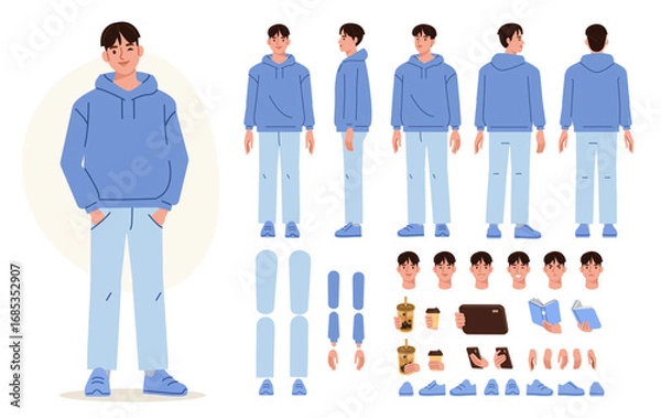 Fototapeta Teenage boy, student wearing korean style hoodie. Character constructor for animation. Front, side and back view set. Body parts, postures, poses collection. Vector illustration.
