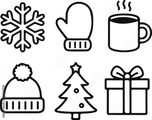 Fototapeta Christmas icons set with snowflake mitten hot drink winter hat tree and gift box vector illustration
