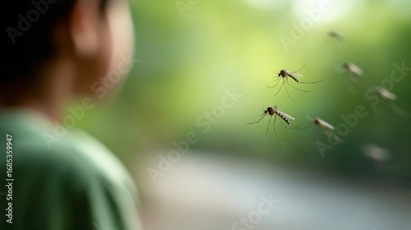 Fototapeta Mosquitoes are flying around a child outdoors, creating a potential health risk and highlighting the need for pest control measures, especially during mosquito season