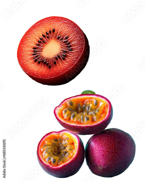 Fototapeta Kiwi and strawberry with orange slices of fresh tropical fruit on white background