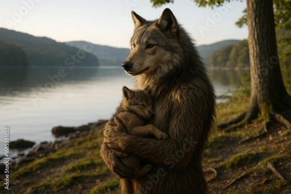 Fototapeta Mother Werewolf holds Pup by Scenic Lake, Illustration of Peaceful Canine Cryptid