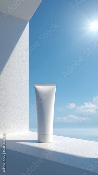 Fototapeta Realistic sunscreen tube stands elegantly on ledge, bathed in sunlight against clear blue sky. serene atmosphere evokes sense of calm and protection from sun rays