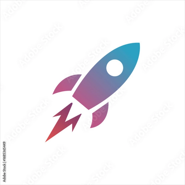 Fototapeta Stylized rocket ship with gradient colors and exhaust flames on white background