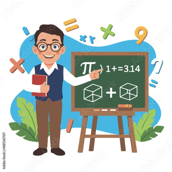 Fototapeta A smiling male teacher pointing at a blackboard with math equations and geometric shapes, isolated on white background technology background
