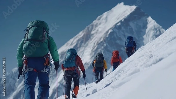 Fototapeta A group of mountaineers, wearing green and blue climbing gear with backpacks on their backs, are walking up the snow-covered Himalayan mountains in front of them. The sky is clear