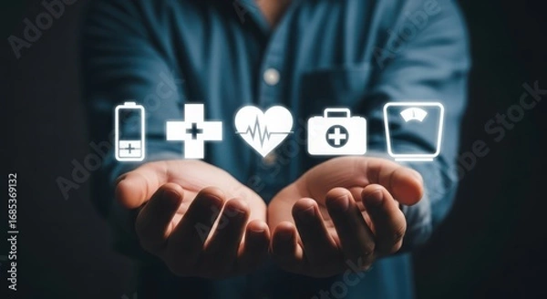 Obraz Person holding medical health icons in open hands concept