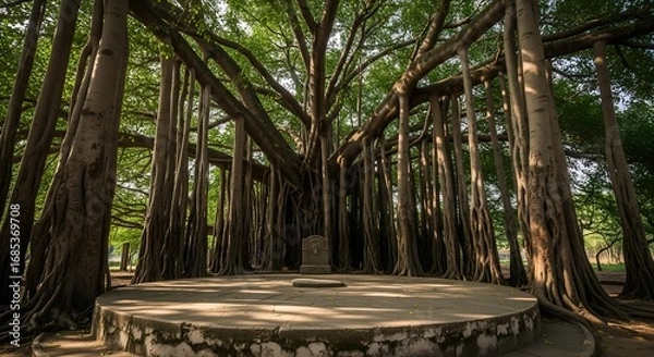 Obraz Majestic banyan trees with tangled roots and hanging vines, creating a natural arch in a sacred forest.