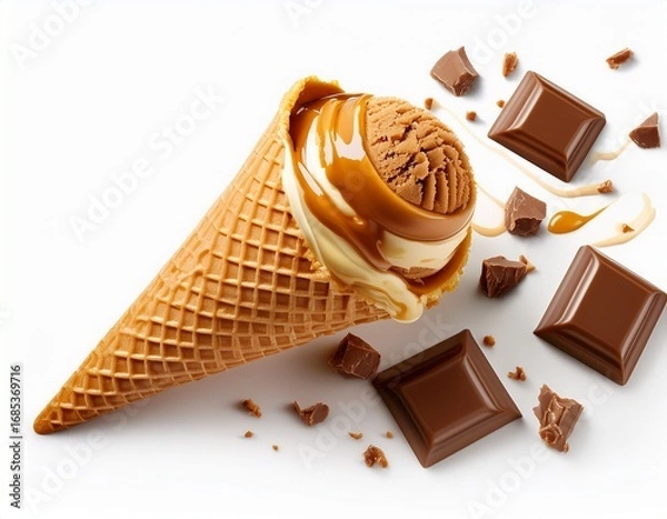 Fototapeta ice cream cone with chocolate chunks and caramel on white background