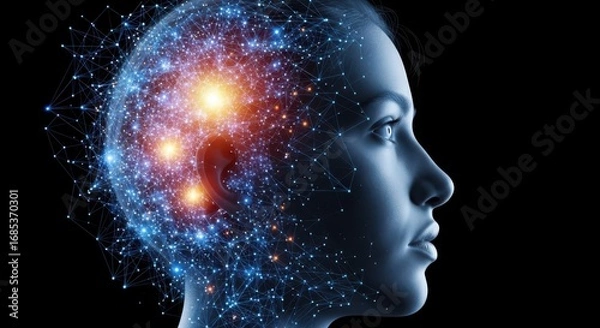 Obraz Abstract digital human head silhouette with glowing neural network