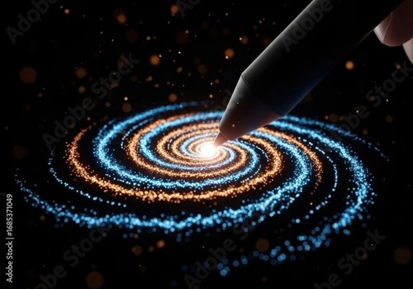 Obraz Finger touches glowing spiral galaxy creating stars in dark universe