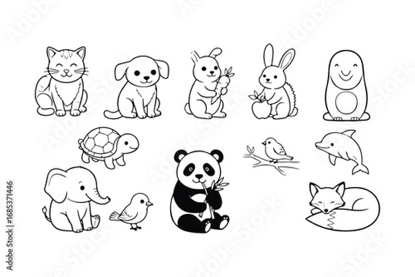 Fototapeta Collection of cute cartoon animals in black and white line art style rabbit panda