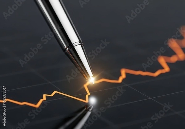 Obraz Close up of a pen drawing a bright orange line on a dark background