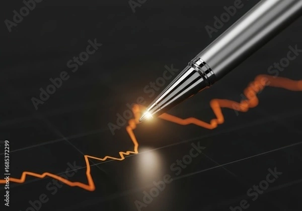 Obraz Close up of a pen drawing a bright orange line on a dark background