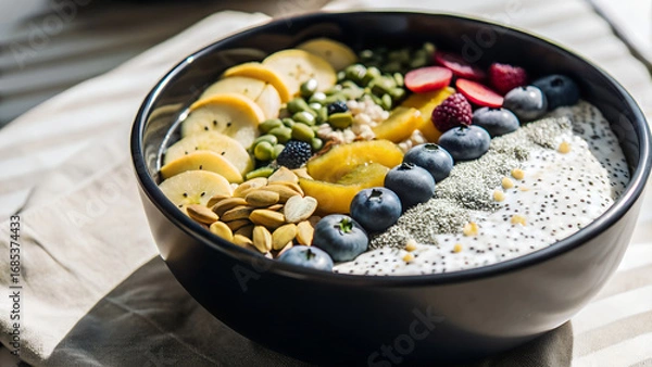Fototapeta Photograph of a vibrant, healthy breakfast bowl with chia seeds, blueberries, sliced bananas, cashews, green peas, and orange slices, placed on a beige cloth against a sunlit background.