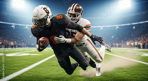 Fototapeta Football player running with ball, tackled by opponent