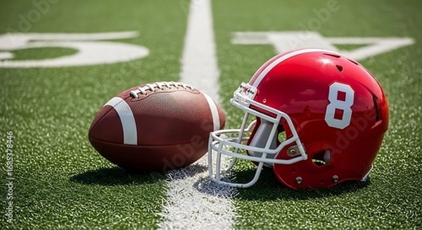 Fototapeta American football and red helmet on a field