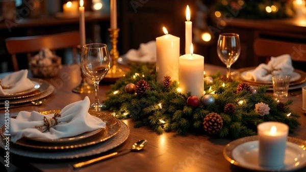 Fototapeta A beautifully arranged holiday dining table, featuring candles, elegant dinnerware, and festive decorations, creating a warm and inviting atmosphere.