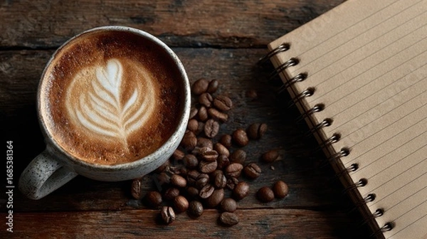 Fototapeta Warm Coffee Cup with Latte Art and Coffee Beans on Wooden Table