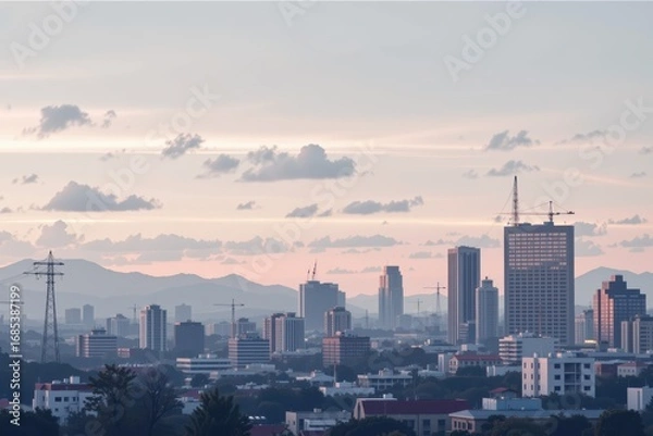 Fototapeta Urban Skyline at Dawn with Soft Light and Construction Activity