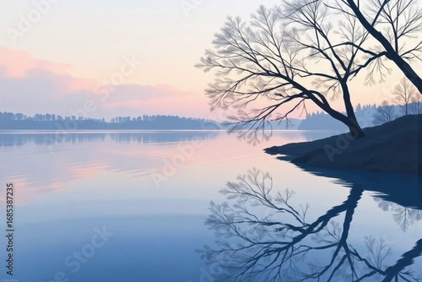 Fototapeta Serene Riverside Scene with Minimalist Trees and Water Reflections