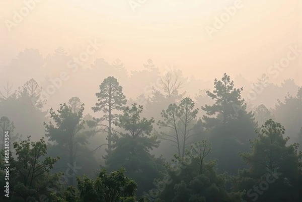 Fototapeta Minimalist Forest View at Dawn with Soft Fog and Gentle Light