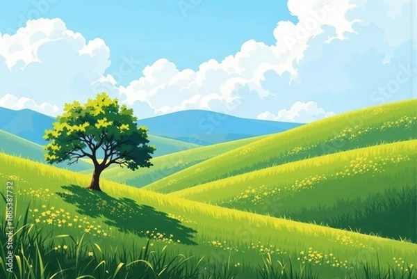 Fototapeta Gentle Rolling Green Valley with Tree and Blue Sky in Daylight