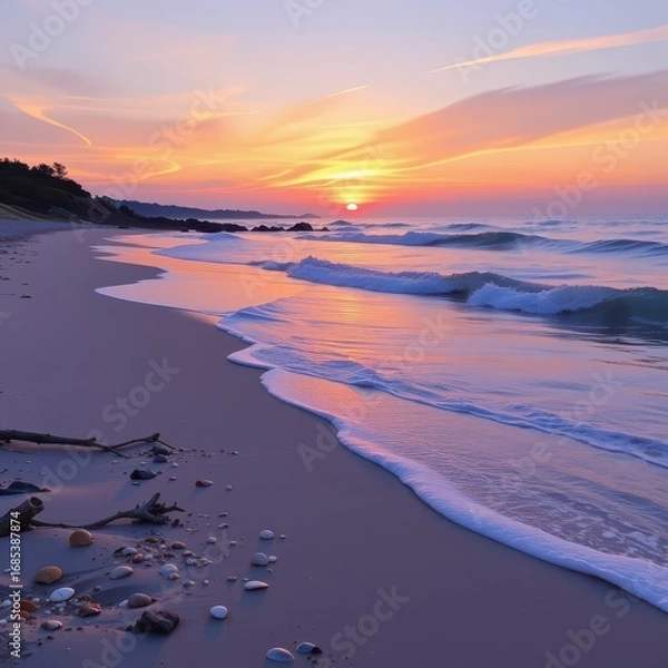 Fototapeta Serene Sunset Over Calm Beach with Gentle Waves and Soft Sky Colors