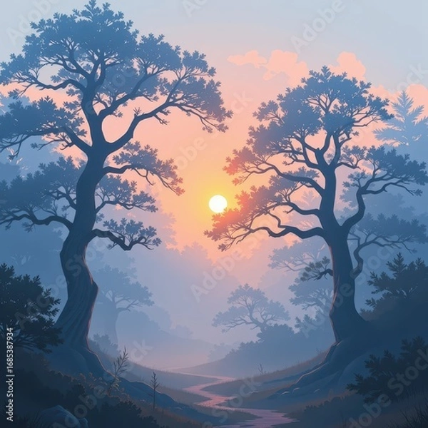 Fototapeta Serene Sunrise Over Misty Forest Pathway with Dramatic Trees