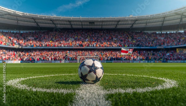 Fototapeta Soccer Ball Positioned on Grass in a Vibrant Stadium
