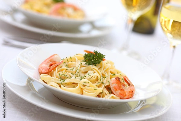 Obraz Pasta Alfredo with grilled shrimps