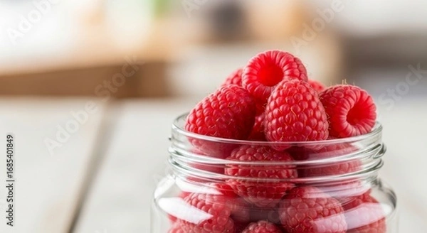Fototapeta Fresh raspberries overflowing in a jar, ready to enjoy healthy summer sweetness
