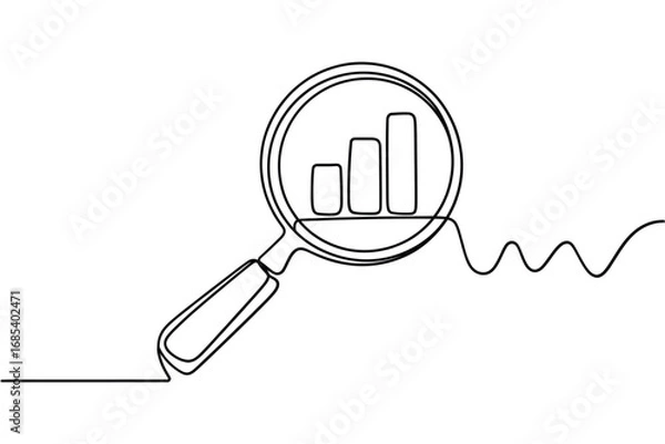 Fototapeta Magnifying glass over growing bar chart and wavy line