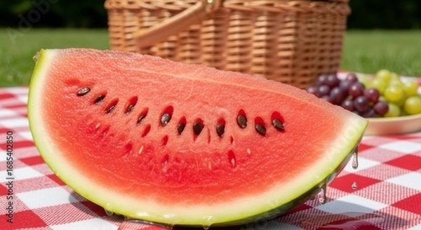 Fototapeta Fresh watermelon slice dripping on a picnic blanket with grapes, summer refreshment