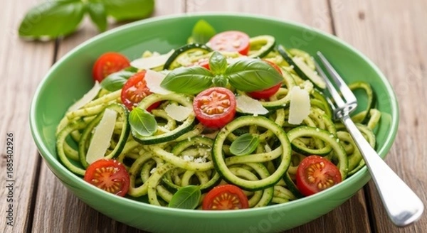 Fototapeta Fresh zucchini noodles with tomatoes and basil create a vibrant and healthy meal