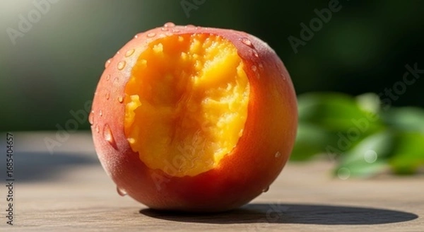 Fototapeta Juicy peach with bite mark and refreshing water drops glistening in the sunshine
