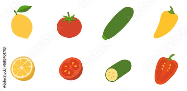 Obraz Flat Vegetable Vector Set – Tomato, Lemon, Zucchini, Bell Pepper

