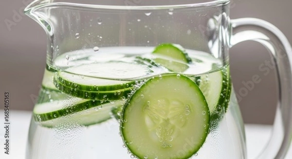 Fototapeta Refreshing cucumber water in glass pitcher for hydration and a healthy lifestyle