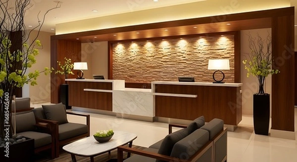 Fototapeta Modern Hotel Interior Design with Reception Desk and Seating Area