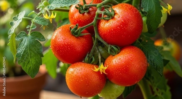 Fototapeta Ripe red tomatoes on the vine, ready for harvest, bursting with fresh garden flavor