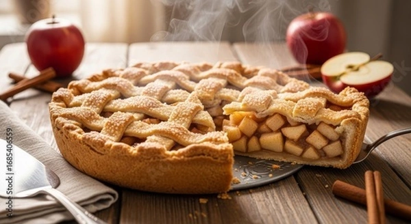 Fototapeta Warm apple pie with lattice crust, perfect for Thanksgiving or holiday baking season