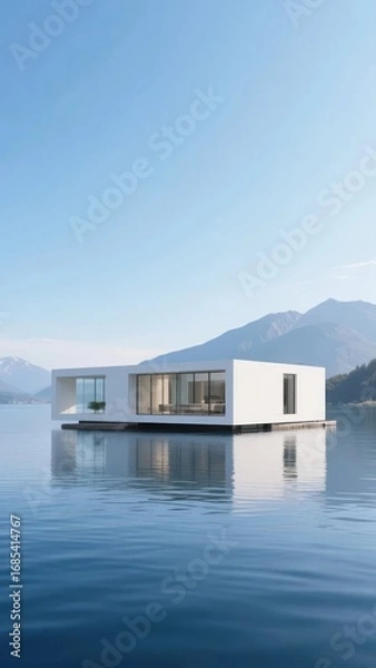 Fototapeta Modern Floating House on Calm Water with Mountain Backdrop
