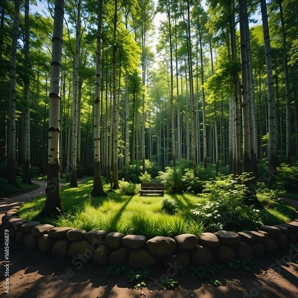 Fototapeta Peaceful forest path with bench in clearing under bright sunlight and tall trees