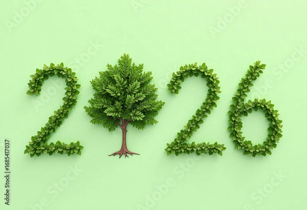 Fototapeta Numbers 2026 in eco style, made of foliage, instead of the number 0 tree on a green background. Ecology and environmental protection concept. High quality photo