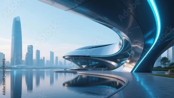Obraz Futuristic Building with Curved Architecture and Cityscape Background