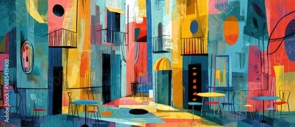 Fototapeta Vibrant abstract painting of a colorful European street cafe scene with tables and chairs, capturing the essence of travel and artistic expression